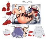  1girl ass bikini biting blue_eyes bra breasts demon_tail fire glove_biting glove_pull gloves gradient_hair hat horns jacket kneehighs long_hair long_sleeves looking_at_viewer lying multicolored_hair multiple_views on_side open_clothes original ornament panties panty_pull red_footwear red_gloves ribs saitou_masatsugu shoes sketch sleeves_past_wrists sneakers socks swimsuit tail translation_request underwear white_legwear 