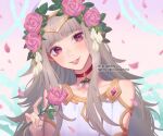  1girl alternate_costume artist_name bangs bare_shoulders blush choker commentary dress english_commentary english_text eyebrows_visible_through_hair fire_emblem fire_emblem_heroes flower grey_hair hair_flower hair_ornament hat holding holding_flower instagram_username jewelry leaf leaf_hair_ornament lips long_hair looking_at_viewer nail official_alternate_costume parted_lips petals pink_flower pink_rose red_choker red_eyes rose saphirya smile solo teeth twitter_username valentine veronica_(fire_emblem) white_dress white_flower white_headwear 