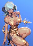  1girl aqua_eyes au_ra blue_background bracelet breasts breasts_apart copyright_request eyebrows_visible_through_hair final_fantasy final_fantasy_xiv gold_dress grey_hair hand_up heterochromia high_heels highres jewelry kio_naoki large_breasts long_hair parted_lips pink_eyes signature simple_background smile solo squatting white_nails 