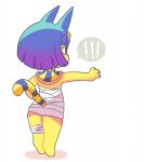  ! 2020 animal_crossing ankha_(animal_crossing) anthro bandage blue_hair butt claws collar domestic_cat felid feline felis female full-length_portrait fur hair hi_res mammal nintendo onigiri_punch portrait raised_arm rear_view short_hair simple_background solo standing striped_tail stripes uraeus video_games white_background yellow_body yellow_fur 