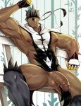  1boy abs absurdres ass_visible_through_thighs bangs bara bare_pecs biceps covered_abs covered_navel dark_skin dark_skinned_male ear_piercing erection facial_hair feet_out_of_frame gen_8_pokemon grey_hair headband highres huge_nipples kimakkun large_pectorals legendary_pokemon male_focus mature_male muscular muscular_male nipples nude penis personification piercing pokemon revealing_clothes short_hair sitting solo spread_legs stomach stubble testicles thick_thighs thighs uncensored urshifu veins veiny_penis 