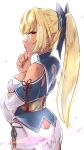  ass_cutout bare_shoulders blonde_hair bow butt_crack clothing_cutout dark_elf dark_skin dark_skinned_female detached_collar elf from_behind from_side hair_bow hand_on_own_chin high_ponytail highres hololive long_hair multicolored_hair orange_eyes pointy_ears shiranui_flare shoulder_cutout sideways_glance simple_background streaked_hair virtual_youtuber white_background yuyaiyaui 