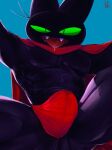  anthro black_body black_fur bulge cape cartoon_network clothing domestic_cat felid feline felis fur green_eyes hi_res jockstrap looking_at_viewer male mammal mao_mao:_heroes_of_pure_heart muscular muscular_anthro muscular_male mymu666 pecs red_clothing sheriff_mao_mao_mao solo teasing underwear 