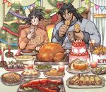  2boys alternate_costume black_eyes black_hair blue_sweater blush broly_(dragon_ball_super) cake candle casual chicken_(food) christmas christmas_ornaments christmas_tree contemporary couple cup dark_skin dark_skinned_male dragon_ball dragon_ball_super dragon_ball_super_broly eating food food_request fruit hano_(hanos91) interracial lobster male_focus medium_hair multiple_boys muscular muscular_male orange_sweater print_sweater scar scar_on_cheek scar_on_face short_hair son_goku spiked_hair strawberry sweater yaoi 