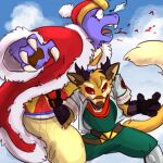 1:1 2022 akamaru_shirogane akamaruburningred alien anthro asian_clothing battle belly belly_punching belt belt_buckle black_body black_horn black_scales blood blue_body blue_fur blue_sky bodily_fluids boots brown_ears buckle canid canine cheek_tuft chimera chupadore claws clothed clothing cloud cosplay costume coughing_blood crown dareck_(chupadore) detailed_background digital_media_(artwork) dragon dragon_ball duo east_asian_clothing eyewear facial_scar facial_tuft fight fighting_pose fingerless_gloves fluffy fluffy_tail footwear fox fox_mccloud fur fur_trim_(clothing) fur_trim_robe furred_dragon furred_scalie gloves gold_crown green_clothing green_jumpsuit handwear haramaki hat head_tuft headgear headwear hi_res horn hybrid jacket japanese_clothing jumpsuit keikogi king_dedede kirby_(series) male mammal martial_arts_uniform monocle mythological_creature mythological_scalie mythology nintendo open_mouth orange_body orange_fur overweight overweight_male pain parody patch_(fabric) patched_jacket pawpads pose punch raemyshu red_clothing red_eyes red_hat red_headwear red_robe red_scarf robe rolled_up_sleeves scales scalie scar scarf shocked shoes size_difference sky snout snout_scar sportswear standing star_fox super_smash_bros. tail tan_clothing teeth third-party_edit timuron tongue tongue_out topwear tuft uniform wide_eyed