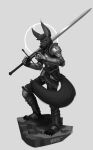  2018 anthro armor biped black_body black_fur black_hair black_nose black_tail canid canine canis claws clothed clothing dark_souls english_text fromsoftware fur grey_background greyscale hair hi_res holding_object holding_sword holding_weapon itswolven looking_at_viewer male mammal melee_weapon monochrome portrait pose signature simple_background smile solo sword text video_games vincent_(kenfkol) weapon wolf 