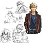  1boy 1girl belt blonde_hair blue_shirt braid cape commentary_request crossed_arms fate/strange_fake fate_(series) hand_in_pocket holding_another's_hair jacket looking_at_viewer muen_ooo multicolored_hair multiple_views open_clothes open_jacket partially_colored red_eyes red_hair red_jacket richard_i_(fate) richard_i_(second_ascension)_(fate) sajou_ayaka_(fate/strange_fake) shirt simple_background single_braid streaked_hair twitter_username two-tone_hair undershirt white_background 