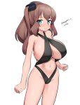  1girl absurdres alternate_costume black_slingshot_swimsuit blue_eyes breasts brown_hair commentary_request criss-cross_halter dated feet_out_of_frame hair_between_eyes halterneck high_side_ponytail highres kantai_collection large_breasts long_hair looking_at_viewer maru_(marg0613) one-hour_drawing_challenge ponytail saratoga_(kancolle) saratoga_mk_ii_(kancolle) side_ponytail simple_background slingshot_swimsuit smokestack_hair_ornament solo swimsuit twitter_username white_background 