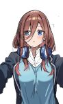  1girl black_jacket blue_cardigan blue_eyes breasts brown_hair cardigan commentary_request facing_viewer go-toubun_no_hanayome headphones headphones_around_neck highres jacket jacket_partially_removed large_breasts long_hair nakano_miku open_mouth puteme reaching reaching_towards_viewer solo white_background 
