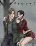  1boy 1girl ada_wong animal_print belt black_belt black_choker black_hair blonde_hair chain choker collared_jacket commentary corrupted_twitter_file cosplay cowboy_shot english_commentary fog green_eyes green_jacket grey_pants hair_between_eyes henoopd highres hug hug_from_behind jacket james_sunderland james_sunderland_(cosplay) lamp leon_s._kennedy leopard_print lips long_sleeves looking_at_another looking_to_the_side maria_(silent_hill) maria_(silent_hill)_(cosplay) midriff navel nose on_railing open_clothes open_jacket outdoors pants parted_lips pink_nails print_skirt purple_eyes railing red_lips red_shirt red_skirt resident_evil shirt short_hair silent_hill_(series) silent_hill_2 sitting skirt smile 