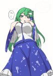  1girl blue_skirt breasts commentary detached_sleeves frills frog_hair_ornament from_below green_eyes green_hair hair_between_eyes hair_ornament hair_tubes hands_on_own_chest kochiya_sanae large_breasts long_hair looking_at_viewer mountain_of_faith omisoshirutan shirt single_hair_tube skirt snake_hair_ornament solo speech_bubble tongue tongue_out touhou watermark white_background white_shirt 