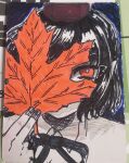  1girl autumn_leaves black_hair blue_background bow fingernails hat highres holding holding_leaf leaf looking_at_viewer lovelobten one_eye_covered orange_eyes orange_leaf photo_(medium) pointy_ears red_hat shameimaru_aya shirt short_hair tokin_hat touhou traditional_media white_shirt 