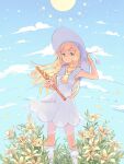  1girl artist_name bangs blonde_hair braid closed_mouth cloud collared_dress commentary dress eyelashes floating_hair flower flute green_eyes hand_on_headwear hat highres holding holding_instrument instrument lillie_(pokemon) long_hair looking_to_the_side miyaulait petals pokemon pokemon_(game) pokemon_sm sleeveless sleeveless_dress socks sun_hat twin_braids watermark white_dress white_legwear yellow_flower 