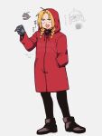  1girl 2boys ahoge alphonse_elric automail blonde_hair braid check_commentary chibi chibi_inset commentary_request cosplay creator_connection dated edward_elric fullmetal_alchemist gabriel_(yomi_no_tsugai) gabu_(yomi_no_tsugai) gabu_(yomi_no_tsugai)_(cosplay) hand_in_pocket highres hood hood_up hooded_jacket jacket mechanical_arms multiple_boys piyohiko_moru prosthesis prosthetic_arm red_jacket signature simple_background single_mechanical_arm translation_request twin_braids white_background yellow_eyes yomi_no_tsugai 