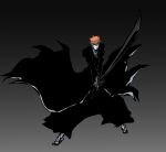  1boy black_background bleach closed_mouth commentary_request full_body gradient_background grey_background highres holding holding_sword holding_weapon katana ken_hollow kurosaki_ichigo male_focus orange_hair shihakusho short_hair simple_background solo sword weapon zanpakutou 
