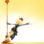  1girl ahoge ascot asymmetrical_gloves black_ascot blue_ascot blue_gem blue_hair blue_hat blue_jacket closed_eyes cosmic4dsalmon cowlick furina_(genshin_impact) gem genshin_impact gloves hat highres hydro_symbol_(genshin_impact) jacket lamppost long_sleeves mismatched_gloves multicolored_hair music open_mouth ouji_fashion singing smile solo streaked_hair top_hat white_hair 