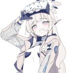  1girl adjusting_goggles battlesuit black_gloves black_halo blue_archive blunt_bangs blush bodysuit breasts earclip fukunao gloves halo head-mounted_display highres himari_(armed)_(blue_archive) himari_(blue_archive) jacket long_hair looking_at_viewer mole mole_under_eye multicolored_gloves multicolored_halo official_alternate_costume open_clothes open_jacket pointy_ears small_breasts smile solo teeth two-tone_gloves two-tone_halo white_background white_bodysuit white_gloves white_hair white_halo white_jacket 