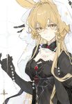  1girl :| animal_ears arknights black_dress black_gloves blonde_hair breasts cleavage cleavage_cutout closed_mouth clothing_cutout commentary_request dorothy_(arknights) dorothy_(hand_of_destiny)_(arknights) double-parted_bangs dress elbow_gloves expressionless gloves hair_between_eyes hair_intakes highres holding holding_jewelry holding_necklace holding_pearl jewelry long_sleeves looking_at_viewer medium_breasts mouse_ears mouse_girl necklace pearl_necklace shenran481 simple_background solo upper_body veil white_background white_veil yellow_eyes 