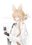  1girl 49gezi :| absurdres animal_ears arknights blonde_hair breasts chinese_commentary closed_mouth commentary_request cup dorothy_(arknights) dorothy_(hand_of_destiny)_(arknights) dot_nose dress expressionless hair_bun highres holding holding_saucer long_hair long_sleeves looking_at_viewer medium_breasts mouse_ears mouse_girl saucer sidelocks simple_background solo steam tea teacup upper_body very_long_hair white_background white_dress wide_sleeves yellow_eyes 