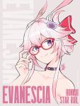  1girl absurdres adjusting_eyewear bespectacled black_choker character_name choker collarbone commentary copyright_name darkstar31 english_commentary evanescia_(honkai:_star_rail) glasses head_tilt highres honkai:_star_rail honkai_(series) nude pink_hair red-framed_eyewear solo upper_body 