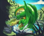  blue_eyes countershading dew_dragon dragon feral fish fishing forest forest_background green_body green_scales horn humor male marine nature nature_background overweight overweight_feral overweight_male plant scales solo splash tree trout water yellow_countershading 