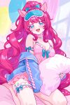  1girl absurdres animal_ears balloon bare_shoulders blue_eyes blue_jacket blush breasts choker commentary cutie_mark finn_flint frilled_choker frilled_thigh_strap frills full_body hair_intakes highres horse_ears jacket long_hair looking_at_viewer medium_breasts my_little_pony my_little_pony:_friendship_is_magic nightgown open_clothes open_jacket open_mouth personification pink_choker pink_nightgown pinkie_pie red_hair seiza sidelocks sitting sleep_mask sleepwear smile solo sparkling_eyes thigh_strap untranslatable_commentary very_long_hair 