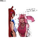  2girls absurdres ahoge animal_ears apron ascot bare_shoulders blaparky blush breasts cleavage commentary elizabeth_rose_bloodflame elizabeth_rose_bloodflame_(1st_costume) english_commentary english_text fire_on_chest hair_intakes highres hololive hololive_english huge_breasts long_hair multicolored_hair multiple_girls open_mouth panther_ears panther_girl panther_tail pink_apron pink_hair pink_tail raora_panthera raora_panthera_(1st_costume) red_hair shorts simple_background smile streaked_hair tail tearing_up thighhighs thighs twitter_username two-tone_hair v-shaped_eyes virtual_youtuber white_ascot white_background white_hair white_shorts white_thighhighs yellow_eyes 