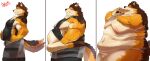 anthro barrel_(live_a_hero) big_butt blush bodily_fluids bottomwear breasts brown_body brown_fur bulge butt canid canine canis chode clothing comic deep_navel domestic_dog eating fat_arms fupa fur genitals hi_res inverted_nipples lifewonders live_a_hero male mammal moobs muscle_shirt navel nipples nude penis sagging_breasts shorts small_penis solo sweat thick_thighs umyuta weight_gain weight_gain_sequence white_body white_fur yellow_body yellow_fur