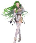  1girl annand_(fire_emblem) armor bangs belt black_gloves boots breastplate circlet dress elbow_gloves fire_emblem fire_emblem:_genealogy_of_the_holy_war fire_emblem_heroes full_body gloves green_eyes green_hair hand_up high_heels highres jewelry long_hair looking_at_viewer mayo_(becky2006) official_art parted_lips shiny shiny_hair short_dress shoulder_armor simple_background sleeveless smile solo standing thigh_boots thighhighs transparent_background white_dress zettai_ryouiki 