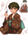  1girl blue_hairband brown_hair brown_kimono chocolate commentary earrings english_commentary english_text food garnel_(letsgotomato11) hairband heart heart_earrings heart_print highres holding holding_chocolate holding_food japanese_clothes jewelry kiba_nanoka kimono mao_(takahashi_rumiko) official_art_inset orange_eyes parted_lips short_hair takahashi_rumiko valentine 