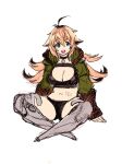  1girl ahoge amputee black_choker black_sports_bra black_sports_panties blonde_hair blue_eyes chest_strap choker double_amputee flipped_hair fur_trim green_jacket highres indian_style jacket looking_at_viewer mechanical_legs multicolored_hair open_mouth original prosthesis prosthetic_leg rao_(live-w) roots_(hair) scar scar_on_cheek scar_on_face scar_on_stomach sitting sports_bra teeth upper_teeth_only white_background 