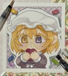  1girl :/ absurdres artist_name bespectacled blonde_hair blue_eyes candy collared_dress commentary_request dated dress food glasses glitter hat heart highres hmr_rk holding holding_heart maribel_hearn medium_hair mob_cap neck_ribbon photo_(medium) purple_dress red_ribbon ribbon solo touhou traditional_media white_hat yellow-framed_eyewear yellow_eyes 