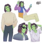  1boy ace_(ppg) arms_behind_head artist_name black_eyes black_hair blue_vest bracelet brown_pants brown_shirt can colored_skin facing_viewer fang from_side green_skin grey_jacket grey_pants hand_in_pocket highres holding holding_can jacket jewelry long_sleeves male_focus medium_hair multiple_costumes multiple_views open_mouth orange_vest pants parted_hair powerpuff_girls purple_shirt shirt sitting standing sunglasses teeth vest white_background white_shirt zeth-rotten 