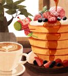 1girl blueberry coffee coffee_mug cream cup food fruit ichigo_(katamari_damacy) katamari_damacy latte_art leaf maple_syrup mug naco_oekaki on_food pancake pancake_stack plant potted_plant powdered_sugar strawberry windowsill 