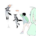  3girls ahoge animal_ears aqua-framed_eyewear aqua_hair aurora_(yblndr) blue_jacket breasts commentary denim denim_shorts english_commentary fox_aurora_(yblndr) fox_ears fox_tail frisbee frisbee_in_mouth furry furry_female glasses goggles goggles_around_neck highres jacket jumping medium_breasts multiple_girls multiple_persona original schleifenprinzessin_aurora_(yblndr) shoes short_shorts shorts sneakers tail throwing torn_clothes torn_shorts white_shoes yblndr 