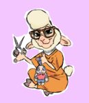 anthro dawn_bellwether disney female fur hi_res hooves judy_hopps mischievous_smile miss-ewe3479 orange_jumpsuit plushie prison_uniform scissors solo toy white_body white_fur white_wool wool_(fur) wool_hair zootopia