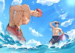  2boys abs absurdres arm_up ball beach bird blue_sky cloud collarbone dog_tags fushiguro_megumi highres holding holding_ball itadori_yuji jujutsu_kaisen looking_at_viewer male_focus multiple_boys multiple_scars navel neskuna nipples outdoors pectorals pink_hair red_shorts scar scar_on_arm scar_on_stomach short_hair shorts sky standing teeth topless_male water wet 