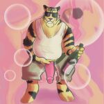 1:1 alcohol_bottle anthro beverage_bottle bottle bubble clothing container dizzy_tiger duel_monster eyewear felid genitals hi_res holding_penis humanoid_genitalia humanoid_penis leering male mammal overweight overweight_male pantherine penis shaking_penis shirt solo sunglasses tank_top tiger topwear yearofthesnitch yu-gi-oh!