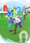  6+girls ^_^ ahoge animal_ears animal_hood aqua_hair arm_up barefoot birthday black_leggings blue_hair bow closed_eyes commentary_request crossed_bangs day double_v drawstring grass hair_bow hair_half_undone happy_birthday heart heart_in_mouth hood hoodie horse_ears horse_girl horse_racing_track horse_tail ikuno_dictus_(umamusume) leggings long_hair long_sleeves multicolored_hair multicolored_hoodie multiple_girls open_mouth outdoors rabbit_hood sharp_teeth shoes sidelocks single_shoe solo_focus standing standing_on_one_leg stirrup_legwear striped_bow stuffed_animal stuffed_rabbit stuffed_toy tail takigawa_geenito teeth toeless_legwear twin_turbo_(umamusume) twintails two-tone_hair umamusume v very_long_hair 