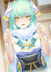  1girl aqua_hair aqua_kimono bangs blush breasts dmith dragon_horns fate/grand_order fate_(series) hair_ornament holding holding_clothes holding_panties holding_underwear horns japanese_clothes kimono kiyohime_(fate) long_hair long_sleeves looking_at_viewer medium_breasts multiple_horns obi open_mouth panties patreon_username sash smile underwear white_panties wide_sleeves yellow_eyes 