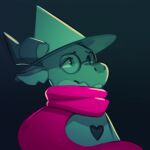  &lt;3 1:1 2018 anthro blue_background clothing deltarune dragon eyewear glasses gradient_background hat headgear headwear horn itswolven male portrait purple_scarf ralsei scarf simple_background solo video_games 