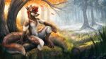  16:9 2021 amazing_background anthro brown_body brown_fur day detailed_background flower fur gloves_(marking) grass hi_res kebi leaf leg_markings light lighting mammal markings nude outside plant signature sitting smile socks_(marking) solo spots spotted_body spotted_fur tree white_body white_fur widescreen 