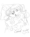  1boy 1girl akarinaakari braid closed_eyes commentary english_text greyscale hand_on_another's_back head_on_pillow hetero highres monochrome on_bed pajamas pillow ranma_1/2 saotome_ranma short_hair single_braid sleeping smile tendou_akane untranslatable_commentary 