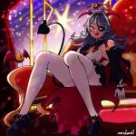 1girl ahoge breasts commentary confetti detached_sleeves eyepatch general_geega gloves grey_hair head_wings highres legs_apart long_hair looking_at_viewer nerukomiti one-eyed open_mouth pantyhose pointy_ears red_eyes sideboob sitting virtual_youtuber vshojo white_pantyhose wings 