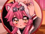  1990s_(style) 1girl adjusting_hair_ornament animal_ears artist_name black_serafuku blush cardcaptor_sakura circular_mirror commentary cosplay curtains english_commentary goggles goggles_on_head hair_intakes hololive hololive_english kinomoto_sakura kinomoto_sakura_(cosplay) long_hair long_sleeves looking_up mintoscola mirror multicolored_hair open_mouth panther_ears panther_girl pink_hair raora_panthera reflection reflection_focus retro_artstyle sailor_collar school_uniform serafuku solo streaked_hair two-tone_hair virtual_youtuber white_hair white_sailor_collar yellow_eyes 