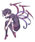  1girl absurdres asymmetrical_wings bangs black_dress black_hair black_legwear blue_wings closed_mouth collar dress fetal_position frilled_collar frills full_body highres holding_legs houjuu_nue kame_(kamepan44231) looking_at_viewer pointy_ears red_eyes red_footwear red_neckwear red_wings short_hair simple_background solo thighhighs touhou white_background wings 