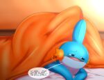 absurd_res ass_up axel_the_mudkip bed bedding bedroom big_butt biped blanket butt dialogue feral furniture generation_3_pokemon groan groggy half-closed_eyes hi_res huge_butt implied_nudity looking_at_viewer lying lying_on_bed male morning mudkip narrowed_eyes nintendo nude on_bed on_front pillow pokemon pokemon_(species) solo tepigfan101 under_covers waking_up