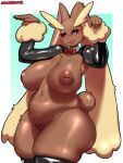 2026 3:4 absurd_res anthro areola armwear big_breasts biped blush breasts brown_areola brown_body brown_fur brown_nipples clothing costume female female_anthro fur generation_4_pokemon genitals hi_res huge_breasts inverted_nipples legwear looking_at_viewer lopunny nintendo nipples pokemon pokemon_(species) pokemorph reverse_bunny_costume slightly_chubby slightly_chubby_anthro slightly_chubby_female solo vulva zunezune