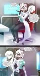 absurd_res accessory ambiguous_gender anthro big_breasts black_body black_fur blush breasts chair claws clothed clothing coat comic computer computer_monitor container detailed_background dialogue digital_media_(artwork) duo electronics english_text extreme_size_difference female female_anthro finger_claws fingers fluffy fluffy_tail fur furniture gentle_giant hair headband headgear headwear heart_clothing heart_headwear heart_symbol hi_res holding_character human in_container lab_coat laboratory larger_anthro larger_female mammal mephitid micro micro_ambiguous micro_human micro_in_hand micro_in_pocket multicolored_body multicolored_fur office_chair progress_bar purple_eyes shrunk shrunken signature sitting size_difference skunk smaller_ambiguous smaller_human speech_bubble table tail text thick_thighs thought_bubble topwear two_tone_body two_tone_fur watermark white_body white_fur zantchan