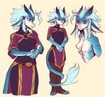 2024 anthro blue_body blue_hair breasts bust_portrait claws clothed clothed_anthro clothing collarbone countershade_arms countershade_hands countershade_jaw countershade_neck countershade_torso countershading eyebrows featureless_breasts female front_view full-length_portrait furgonomics hair hi_res horn kobold magenta_eyes makkon messy_hair multiple_images nervous nervous_smile non-mammal_breasts non-mammal_ears nude portrait ridged_horn scalie shy simple_background skinny skinny_anthro small_breasts smile snout solo stripes sweater tail tail_coil tail_tuft three-quarter_view toe_claws topwear tuft turtleneck white_body white_countershading